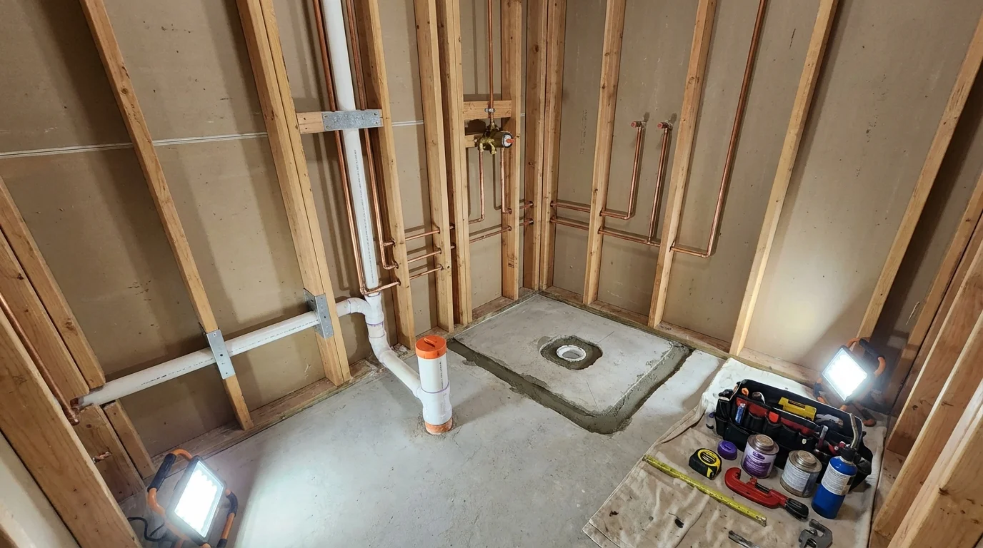 Bathroom rough-in plumbing during remodel by Johns Plumbing LLC in Boonville