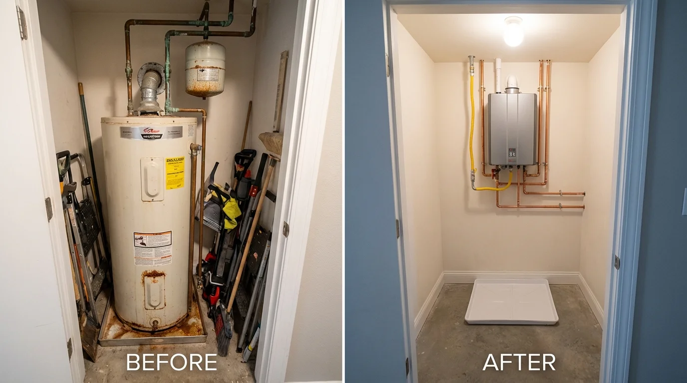 Tank water heater versus wall-mounted tankless unit comparison for Boonville, IN homeowners
