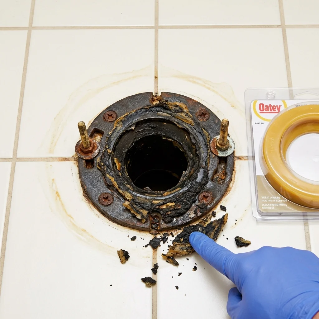 Failed wax ring showing water seepage at the base of a toilet in a Boonville, IN home