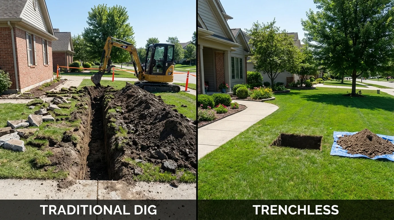 Trenchless sewer repair with minimal yard damage versus traditional excavation in Boonville, IN