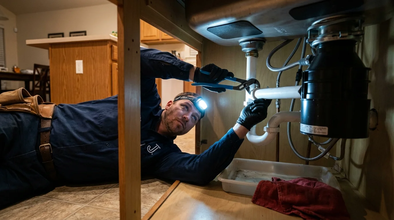 P-trap and supply line connections under a kitchen sink showing a common leak point in Boonville, IN